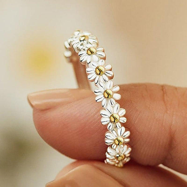 Justerbar Silver Daisy Ring Hand-emalj