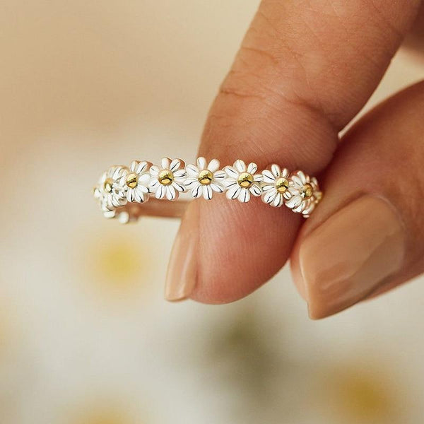 Justerbar Silver Daisy Ring Hand-emalj
