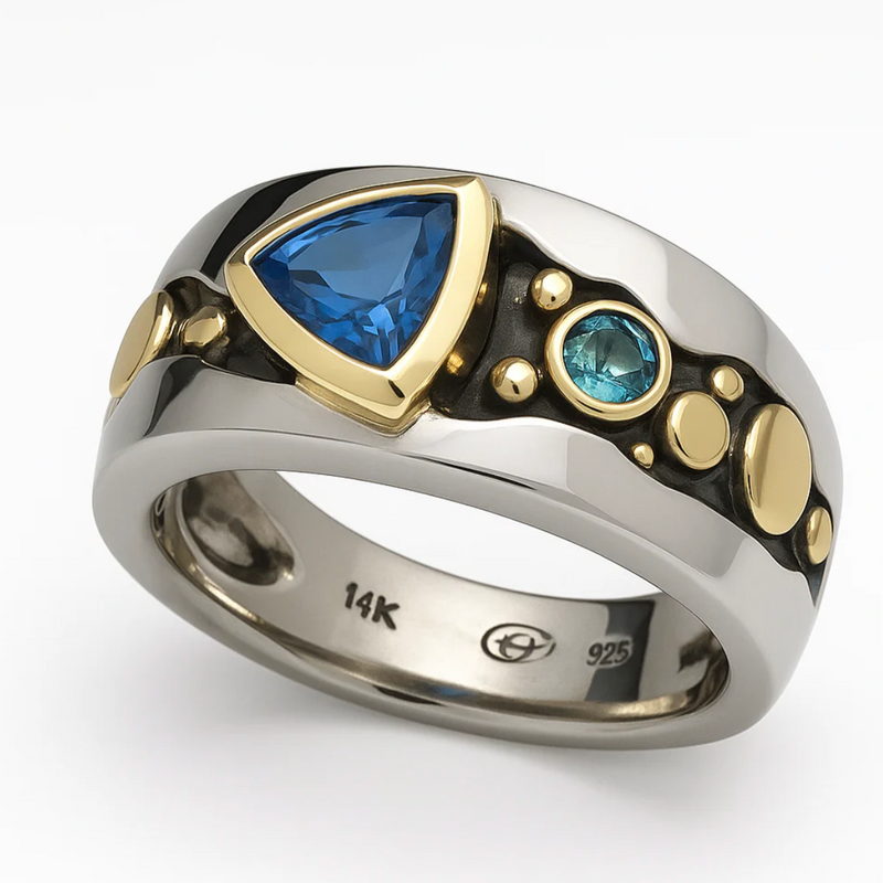 Retrobohemisk ring med blå zirkon