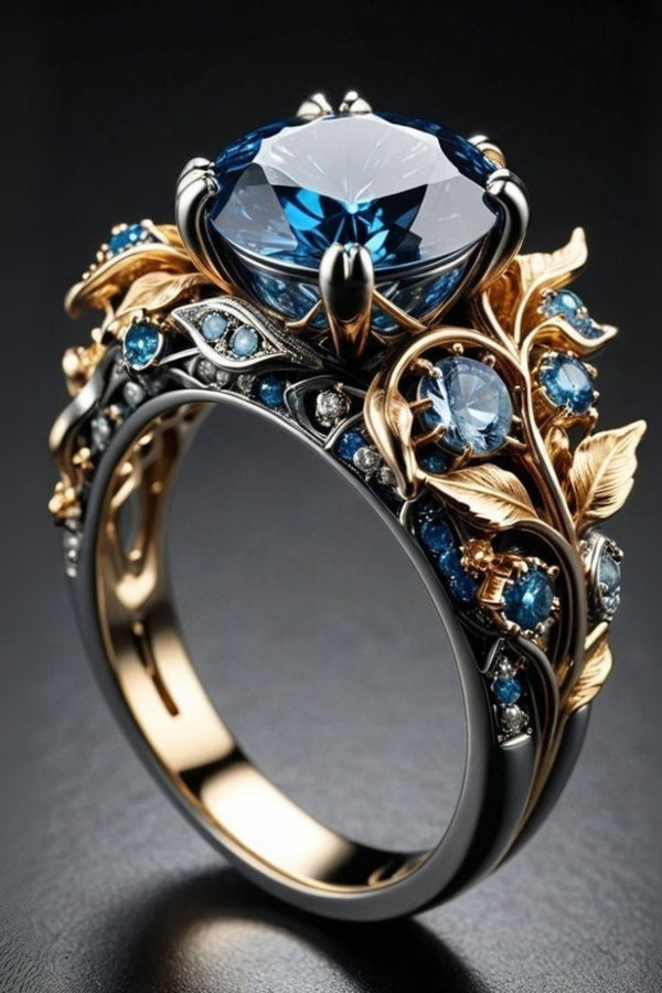 Fascinerande Ring med Blå Kristall och Blomdesign